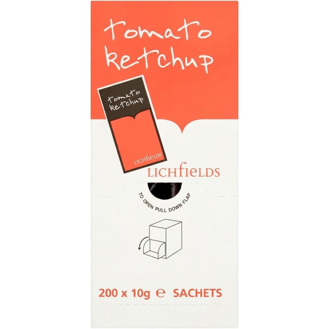 Lichfields Tomato Ketchup Sachets wholesale catering pack containing 200 individual 9g portions.