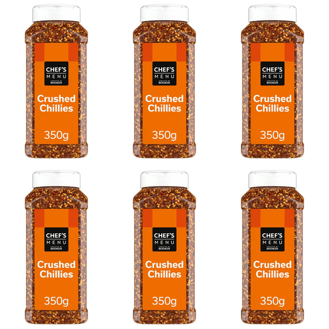 Chef's Menu Crushed Chillies wholesale case containing 6 x 350g packs of dried crushed chilli flakes
