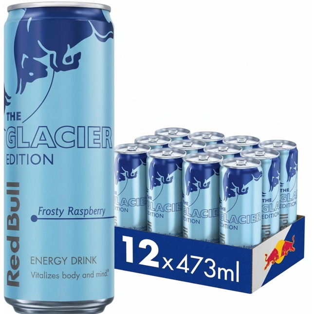 Red Bull Glacier Edition Frosty Raspberry energy drink wholesale case containing 12 x 473ml cans.