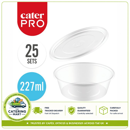 CaterPro 25 plastic PP deli pots with lids 227ml for wholesale food packaging