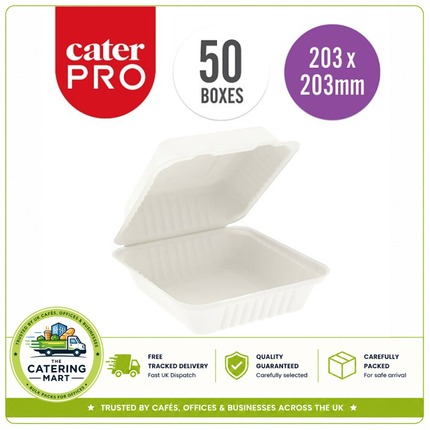 CaterPro 50 bagasse food boxes with hinged lids 203 x 203mm for wholesale takeaway food packaging