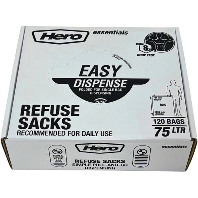 Hero Essentials 120 Easy Dispense Refuse Sacks 75L bulk wholesale pack