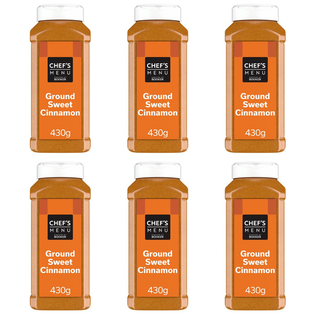 Chef's Menu Ground Sweet Cinnamon wholesale case containing 6 x 430g packs of finely ground cinnamon spice