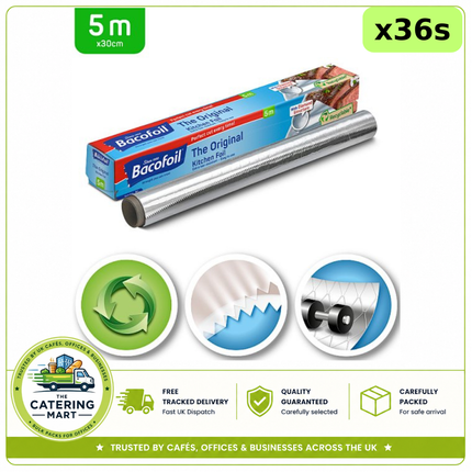 Bacofoil Original Kitchen Foil wholesale case containing 36 rolls of 5m x 30cm foil with easy-cut system