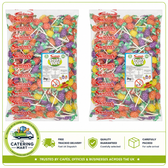 Swizzels Fruity Pops wholesale case containing 2 x 3kg bulk bags of individually wrapped fruit flavoured lollipops