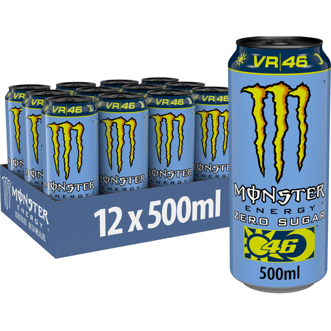 Monster Energy Rossi VR46 Zero Sugar citrus energy drink wholesale case containing 12 x 500ml cans.