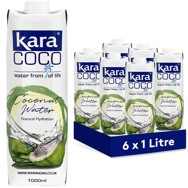 Kara Coconut Water wholesale case containing 6 x 1-litre cartons of coconut water.