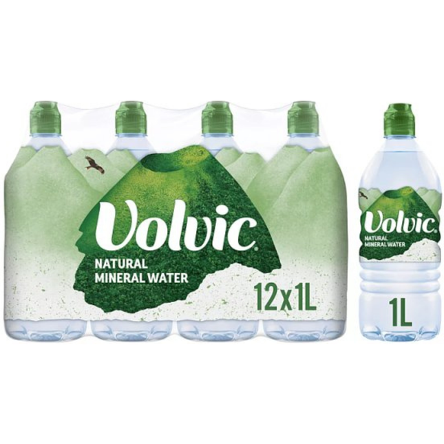 Volvic Natural Mineral Still Water 1 litre bottles, wholesale case of 12 bottles.