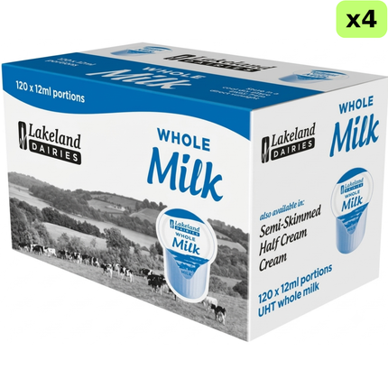 Lakeland Dairies Whole Milk Portions bulk pack containing 480 x 12ml single-serve milk pots