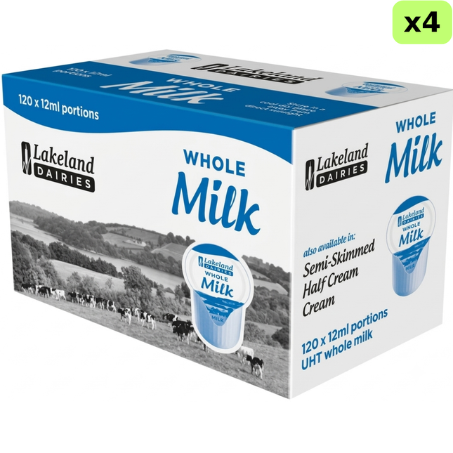 Lakeland Dairies Whole Milk Portions bulk pack containing 480 x 12ml single-serve milk pots