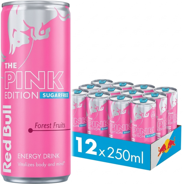 Red Bull Pink Edition Sugarfree Forest Fruits Energy Drink wholesale case containing 12 x 250ml cans.