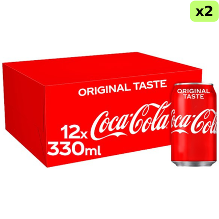 Coca-Cola Original Taste wholesale case containing 24 x 330ml cans of sparkling cola, supplied as 2 packs of 12.