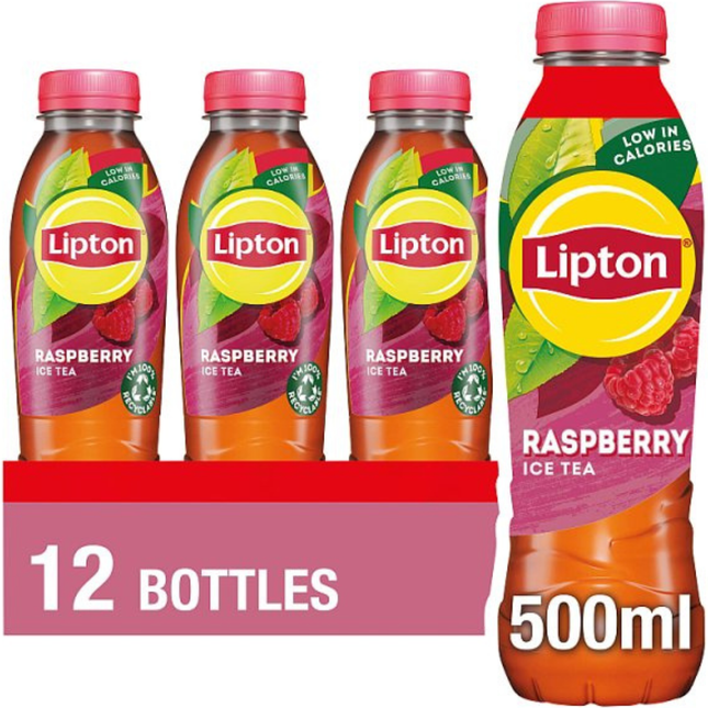 Lipton Raspberry Ice Tea wholesale case of 12 x 500ml PET bottles.