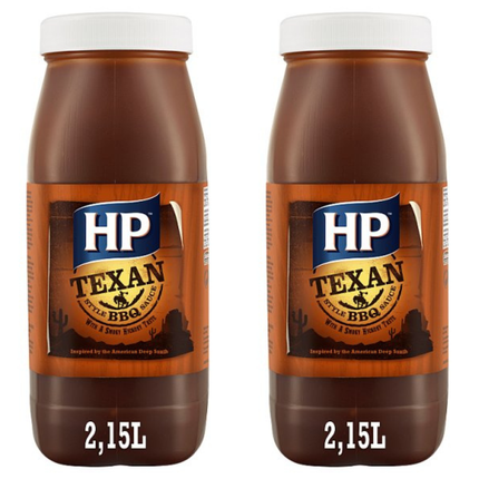 HP Texan Style BBQ Sauce wholesale case containing 2 x 2.15L packs of rich smoky tangy barbecue sauce for burgers, ribs, chicken, chips, sandwiches and foodservice