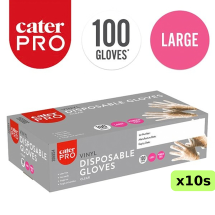 CaterPro Large clear vinyl disposable gloves, wholesale case of 10 packs containing 100 gloves each