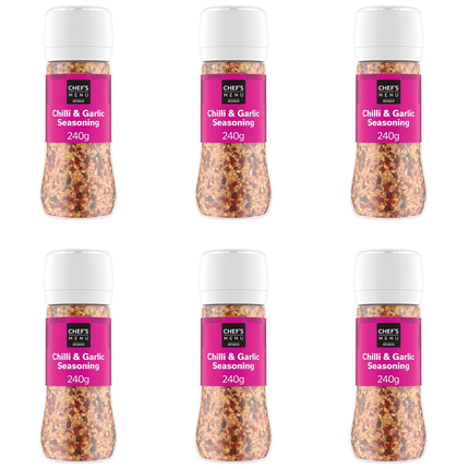 Chef's Menu Chilli & Garlic Seasoning wholesale case containing 6 x 240g packs of chilli garlic spice blend