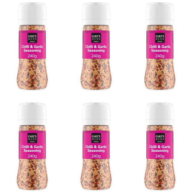 Chef's Menu Chilli & Garlic Seasoning wholesale case containing 6 x 240g packs of chilli garlic spice blend