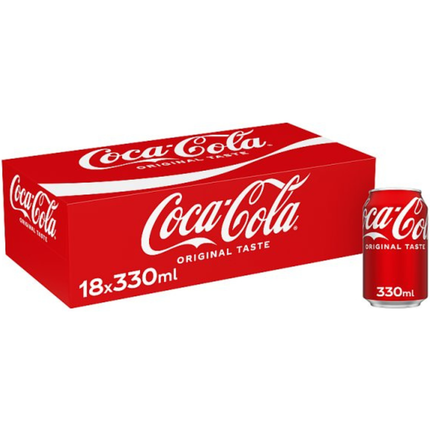 Coca-Cola Original Taste sparkling cola soft drink pack containing 18 x 330ml cans.