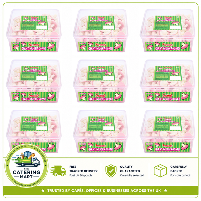 Swizzels Giant Mushrooms wholesale case containing 9 sweet tubs with approximately 120 colourful foam sweets per tub