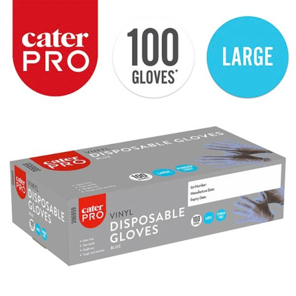 CaterPro Large blue vinyl disposable gloves, pack of 100 for food handling and catering