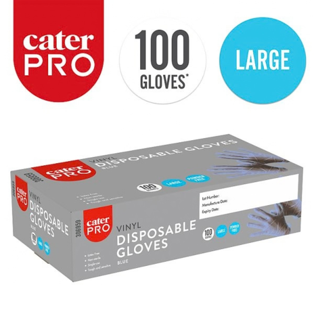 CaterPro Large blue vinyl disposable gloves, pack of 100 for food handling and catering