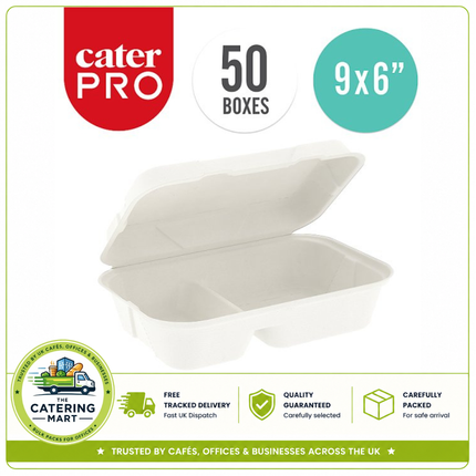 CaterPro 50 bagasse dual compartment food boxes with hinged lids wholesale food packaging