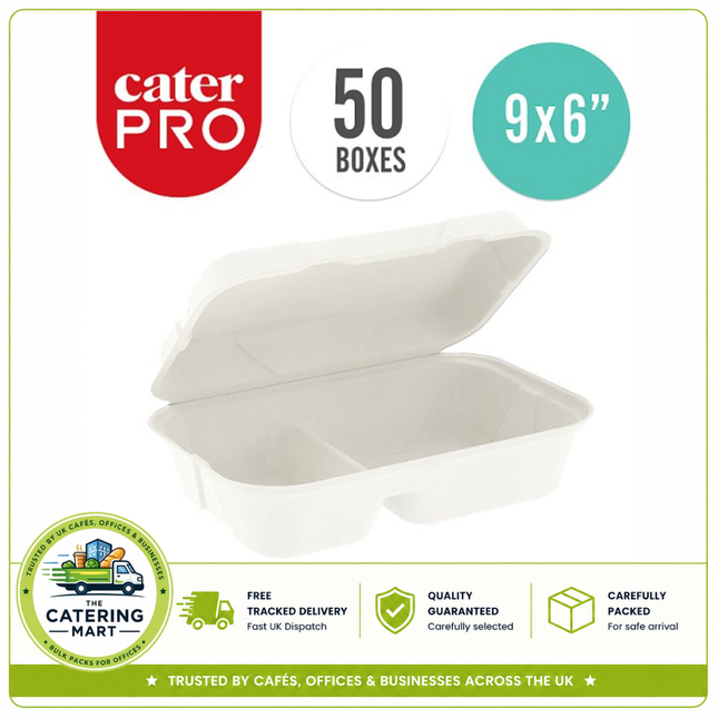 CaterPro 50 bagasse dual compartment food boxes with hinged lids wholesale food packaging