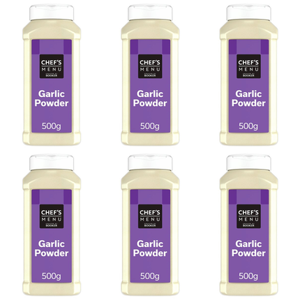 Chef's Menu Garlic Powder wholesale case containing 6 x 500g packs of finely ground dried garlic seasoning