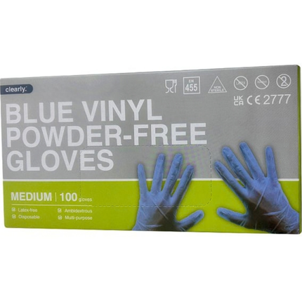 Medium blue powder-free vinyl disposable gloves, pack of 100 for food handling and catering