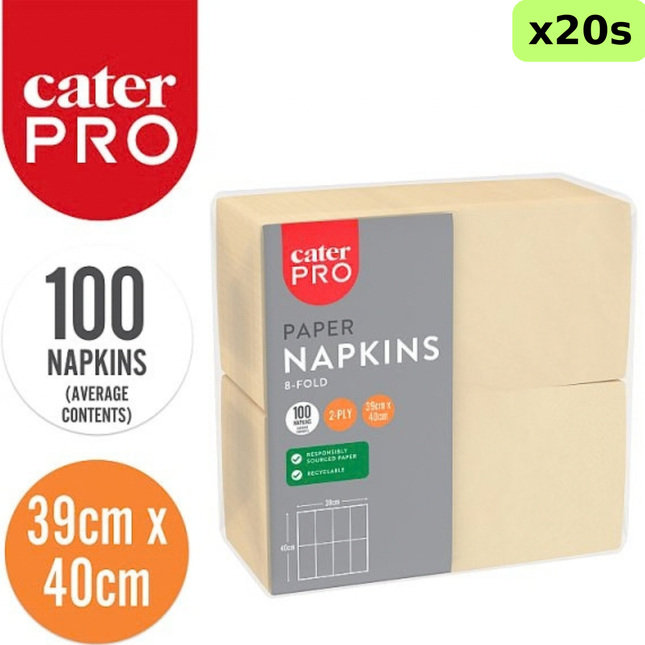 CaterPro cream 2-ply 8-fold paper napkins, wholesale case of 20 packs containing 100 napkins each