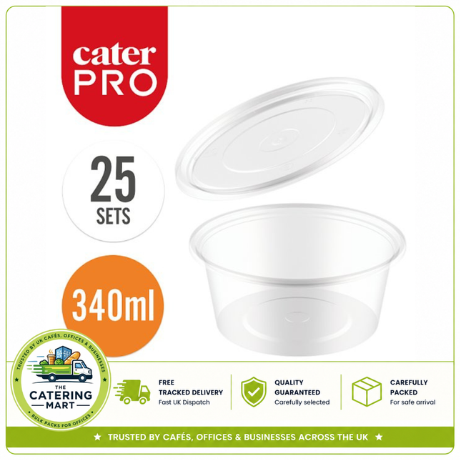 CaterPro 25 plastic PP deli pots with lids 340ml for wholesale food packaging
