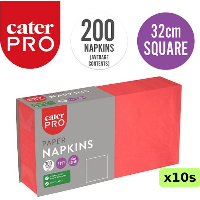 CaterPro red 2-ply paper napkins, wholesale case of 10 packs containing 200 napkins each, 32cm square