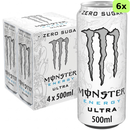 Monster Energy Ultra sugar-free energy drink wholesale case containing 24 x 500ml cans, supplied as 6 packs of 4.