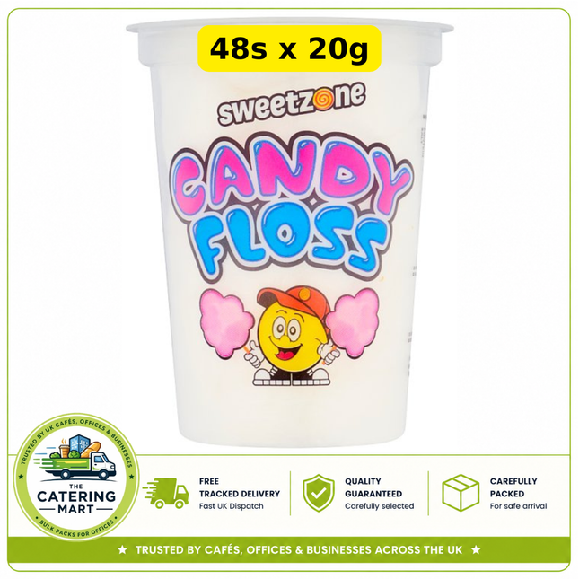 SweetZone Candy Floss wholesale case containing 48 x 20g individual packs of fluffy spun sugar confectionery