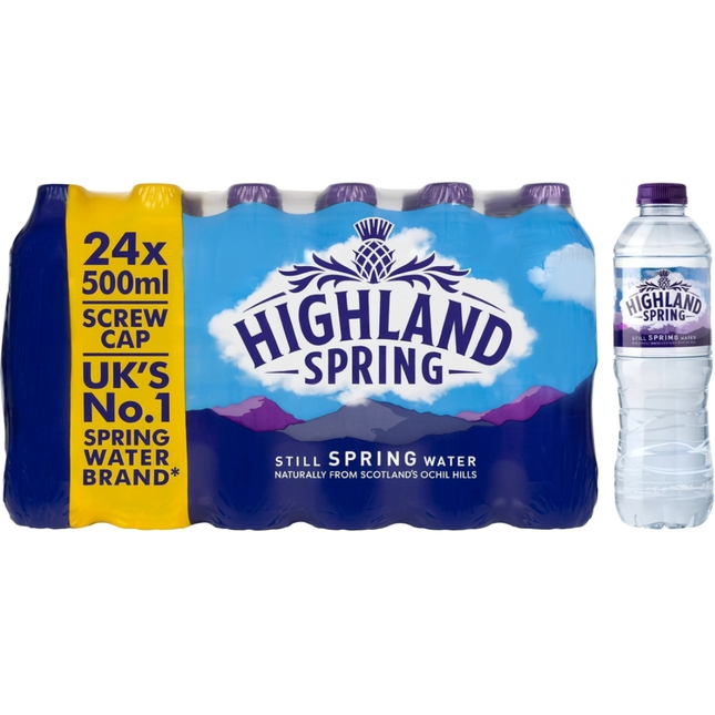 Highland Spring Still Spring Water Sports Cap 500ml bottles, wholesale case of 24.
