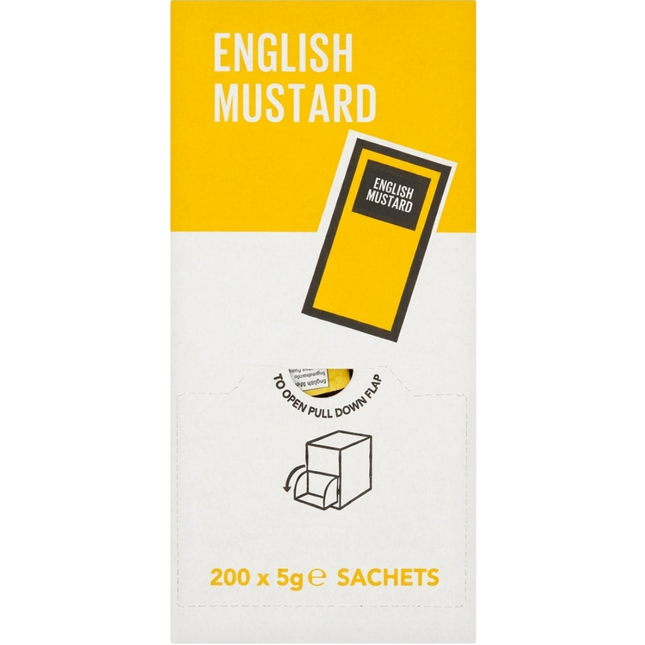 English Mustard Sachets wholesale catering pack containing 200 individual 5g portions.