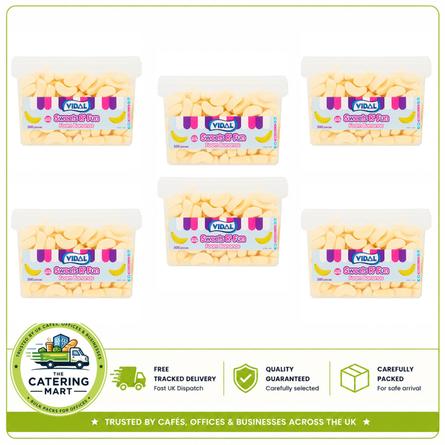 Vidal Sweets R' Fun Foam Bananas wholesale case containing 6 x 840g packs of soft banana flavour foam sweets