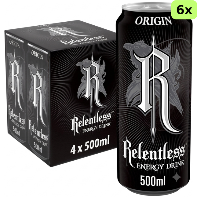 Relentless Origin Energy Drink 4 x 500ml cans, wholesale case of 6 multipacks containing 24 cans.