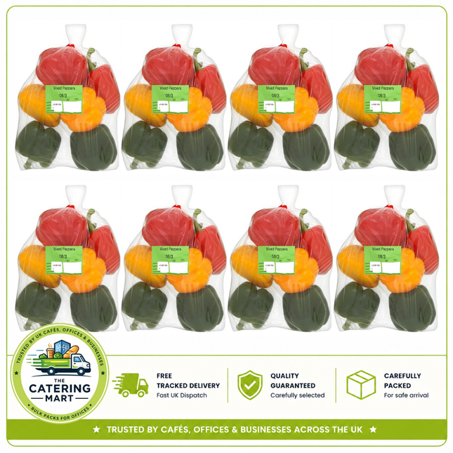 Farm Fresh Mixed Peppers wholesale case containing 8 packs of 6 fresh mixed peppers, 48 peppers total