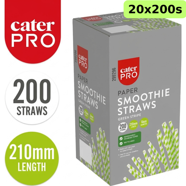 CaterPro wholesale case of 20 packs containing 200 green stripe jumbo paper smoothie straws per pack, 4,000 straws in total.