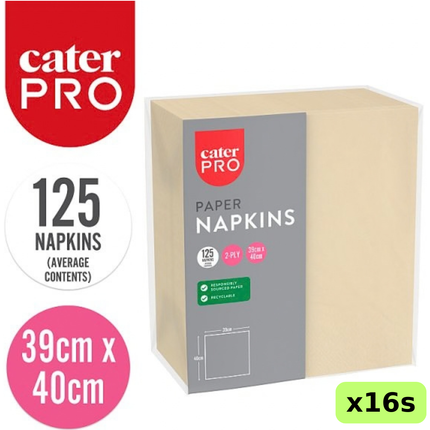CaterPro cream 2-ply paper napkins, wholesale case of 16 packs containing 125 napkins each