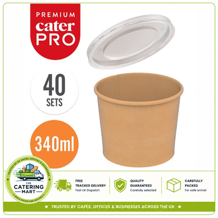 CaterPro Premium 40 kraft food pots with plastic PP lids 340ml for takeaway catering and foodservice