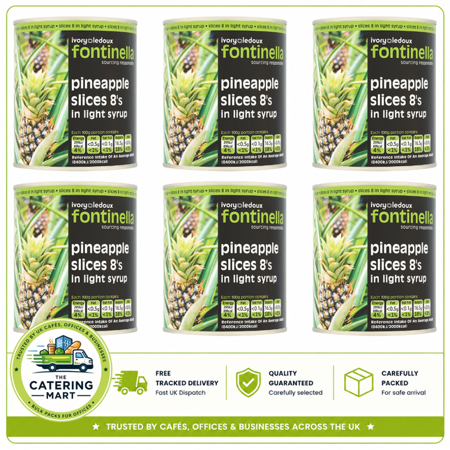 Fontinella Pineapple Slices 8's in Light Syrup wholesale case containing 6 x 850g tins of canned pineapple