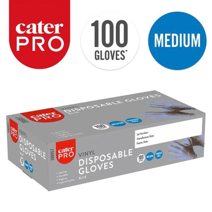 CaterPro Medium blue vinyl disposable gloves, pack of 100 for food handling and catering