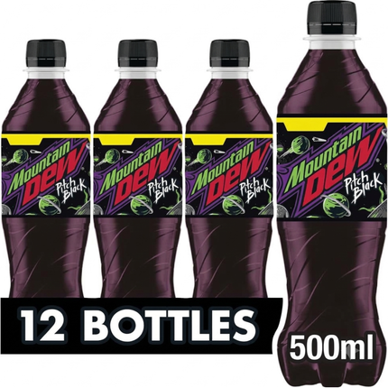 Mountain Dew Pitch Black citrus and grape-flavoured carbonated soft drink in a wholesale case of 12 x 500ml bottles.