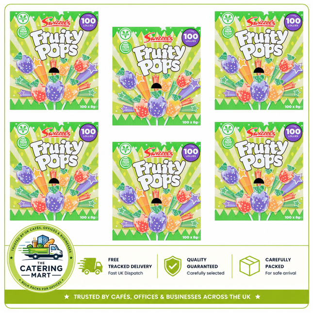 Swizzels Fruity Pops wholesale case containing 6 x 100 count dispenser boxes of individually wrapped fruit lollipops