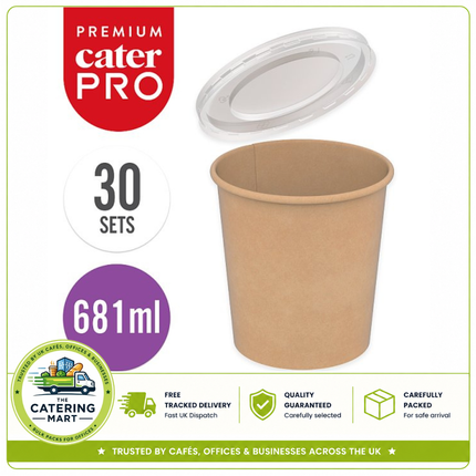 CaterPro Premium 30 kraft food pots with plastic PP lids 681ml for takeaway catering and foodservice