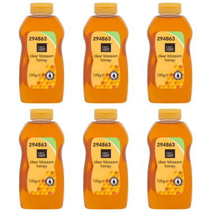 Chef's Larder Clear Blossom Honey wholesale case containing 6 x 720g packs of smooth clear blossom honey for breakfast, baking, desserts and professional kitchens
