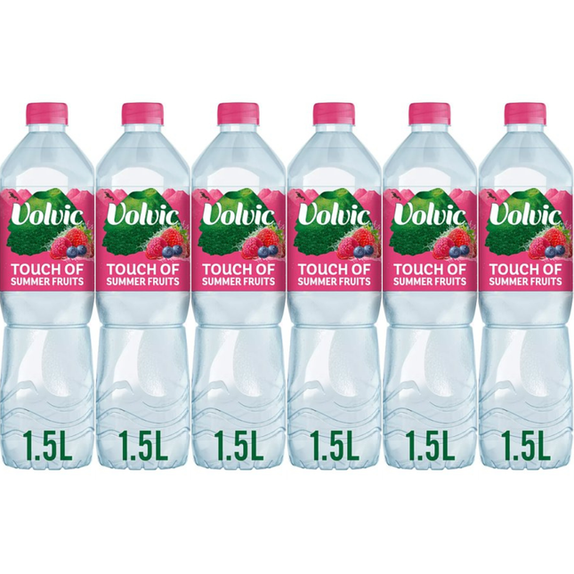 Volvic Touch of Fruit Summer Fruits still flavoured water, wholesale case of 6 x 1.5L bottles.
