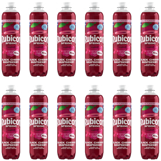 Rubicon Spring Black Cherry and Raspberry Sparkling Spring Water wholesale case containing 12 x 500ml bottles.